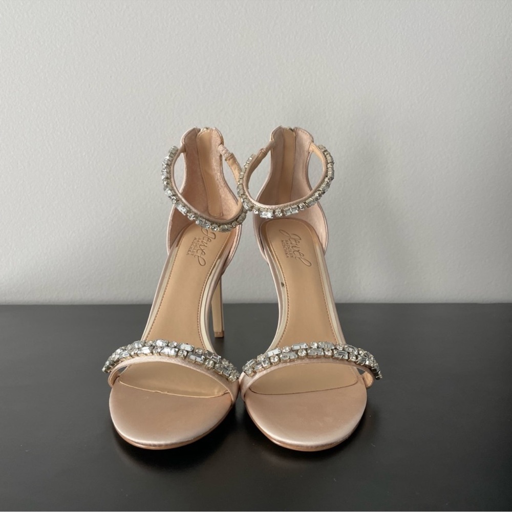 Jewel Badgley Mischka Rayna Satin Heel Sandals - Champagne, Size 10 - Picture 6 of 8